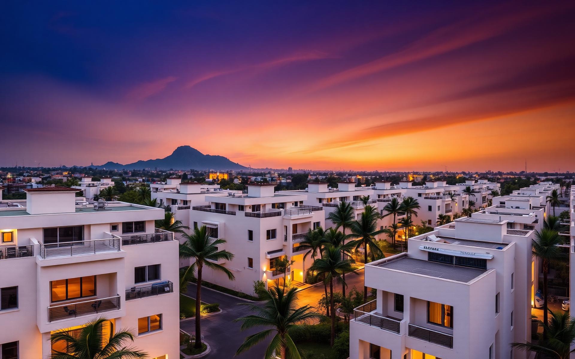 Aerial view of a modern Abuja residential estate at twilight